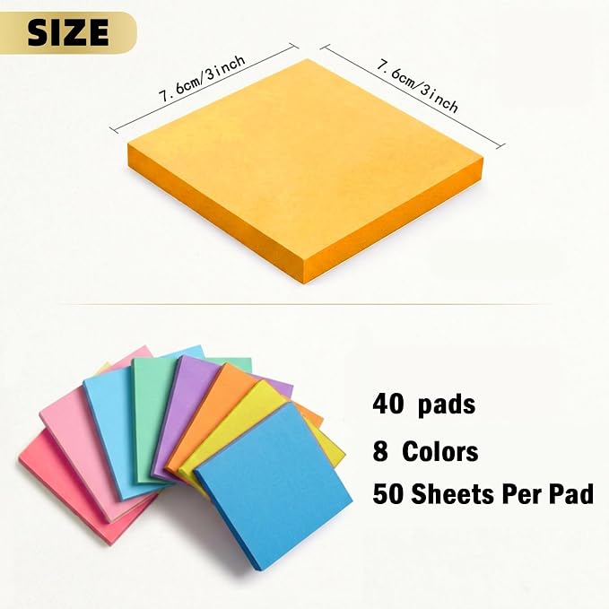 Sticky Notes, Sticky Notes 3x3 Large 40 Pads 8 Colors Self-Stick Stickies Note Pads 50 Sheets Teacher Back to School Supplies and Oﬃce Products