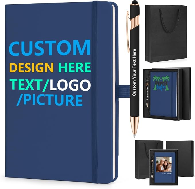 ENOMY Personalized Notebook Writing Set A5 Journal PU Leather Custom Notebook 200 Lined Pages Business Notebook with Metal Pen Gift Box for Holiday College Birthday Business Gift, Blue