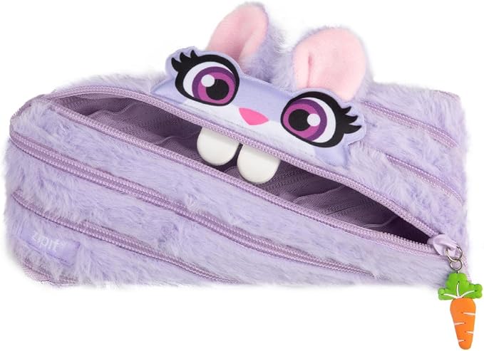 ZIPIT Bunny Pencil Case for Girls, Cute Zipper Pouch for Kids Teens, Stationery Bag for School,Purple