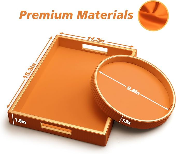 SANZIE Leather Tray Desktop Storage Organizer Premium Serving Tray Decorative Trays Valet Trays for Sundries Cosmetics Phone Wallet Cutlery (Orange Holder with Disc)
