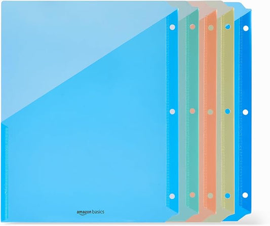 Amazon Basics Binder Organizer, Poly Jacket, 3-Hole Punch, Assorted Colors, 5-Pack