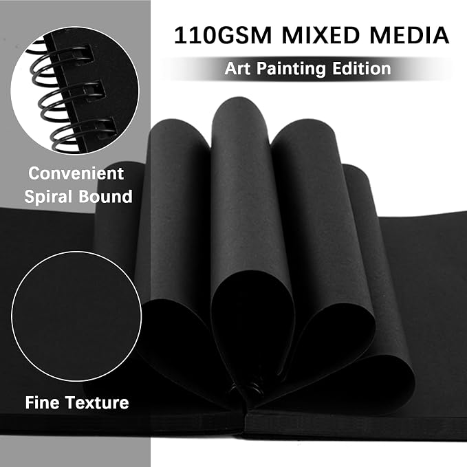 5x7 Black Paper Sketchbook,Spiral Bound Journal Notebook,70 Sheets 110gsm