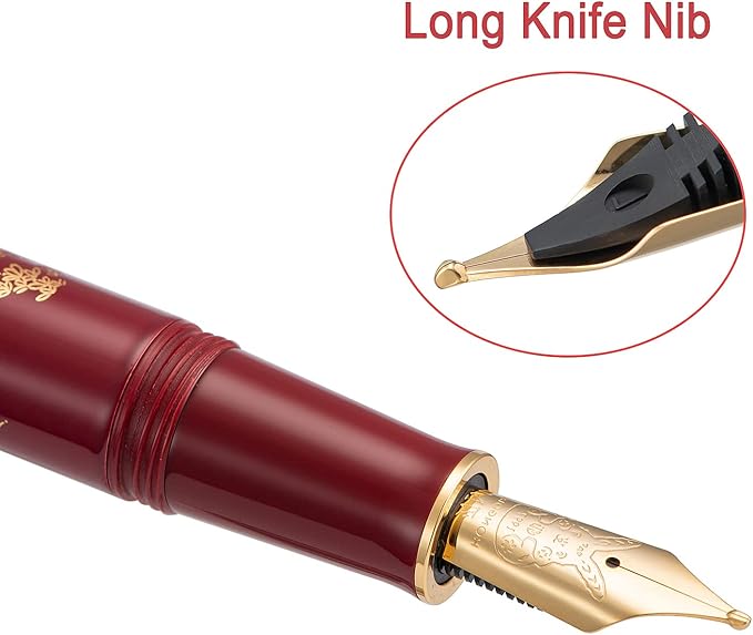 HONG DIAN N23 Red Rabbit Fountain Pen, Long Blade Medium Nib Gold Trim, New Year Lucky Rabbit Carving Design, Smooth Writing Pen with Converter and Metal Pen Box Set