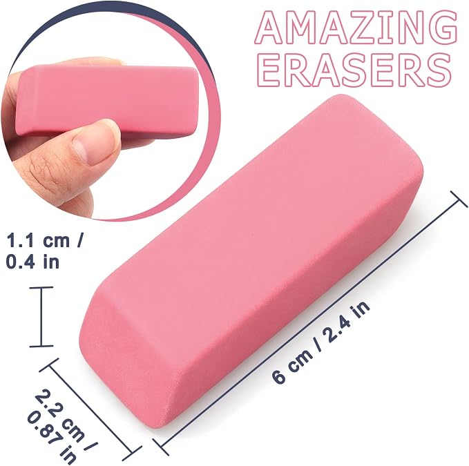 Tamaki Large Erasers, Pink, Pack of 12 | Pencil Erasers for Drawing, Artist Eraser
