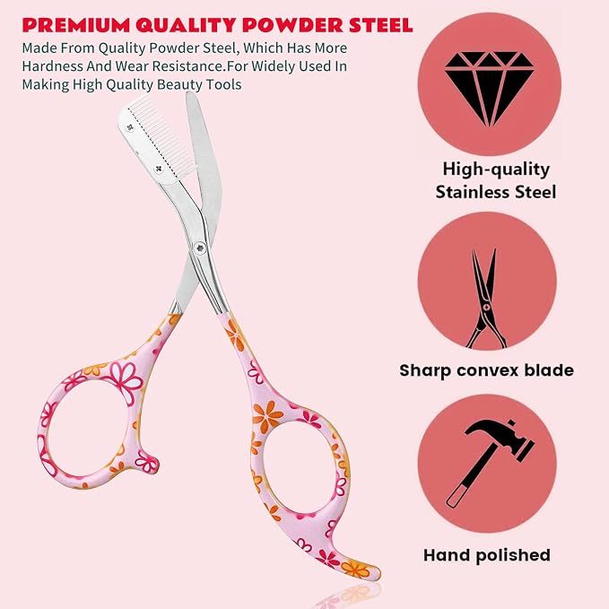 Eyebrow Trimmer With Comb Facial Grooming Scissors Kit Professional Precision Eyebrow Trimmer Stainless Steel Eyebrow Trimmers Scissors with Combs Perfect For Gifts for Men and Women (Pink)