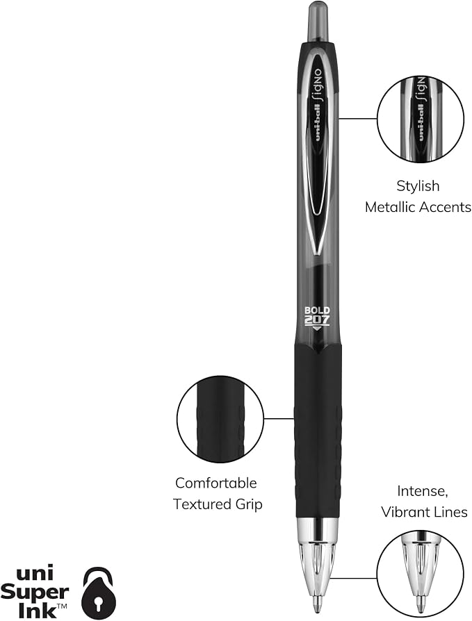 Uni-Ball® 207™ Retractable Fraud Prevention Gel Pens, Bold Point, 1.0 mm, Translucent Black Barrels, Black Ink, Pack Of 4