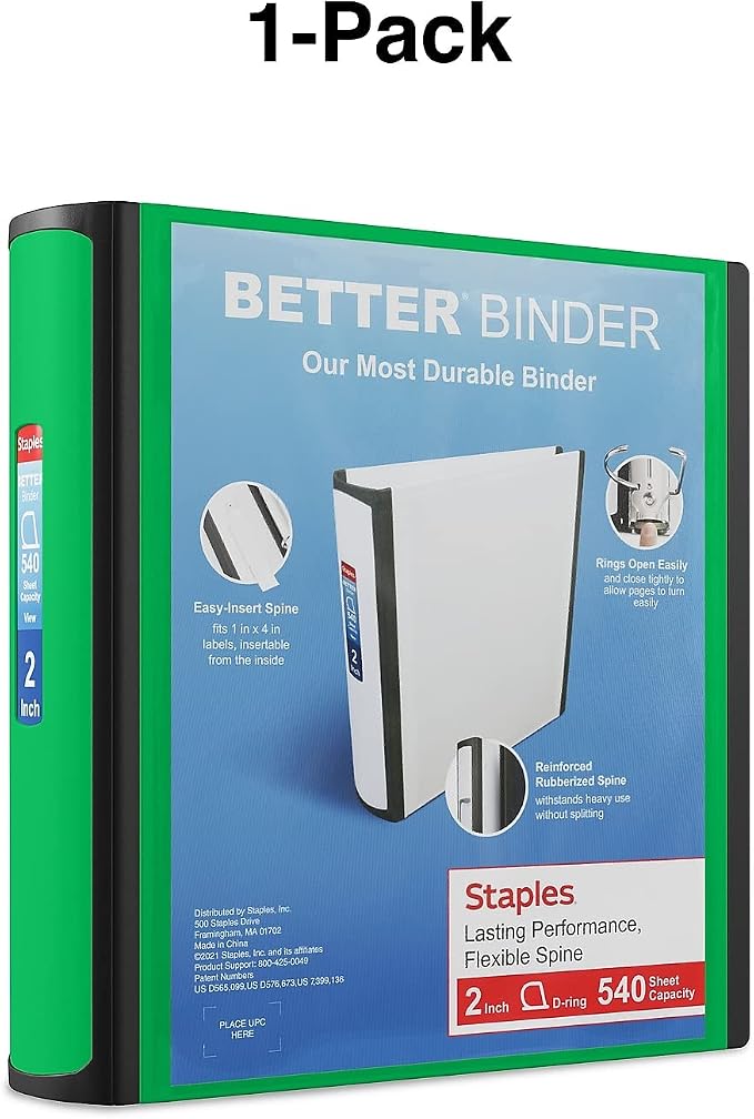 Staples Heavy-Duty 2-Inch D-Ring Binder, Green – Large Capacity 3-Ring Binder with Pockets, Holds Up to 540 Sheets