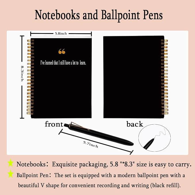 Quote Notebook with Pen Set "A Lot to Learn", A5 Spiral Inspirational Journal for Women Men, 160 Pages College Ruled Office Stationery, Growth Mindset Graduation Gift, Black & Gold