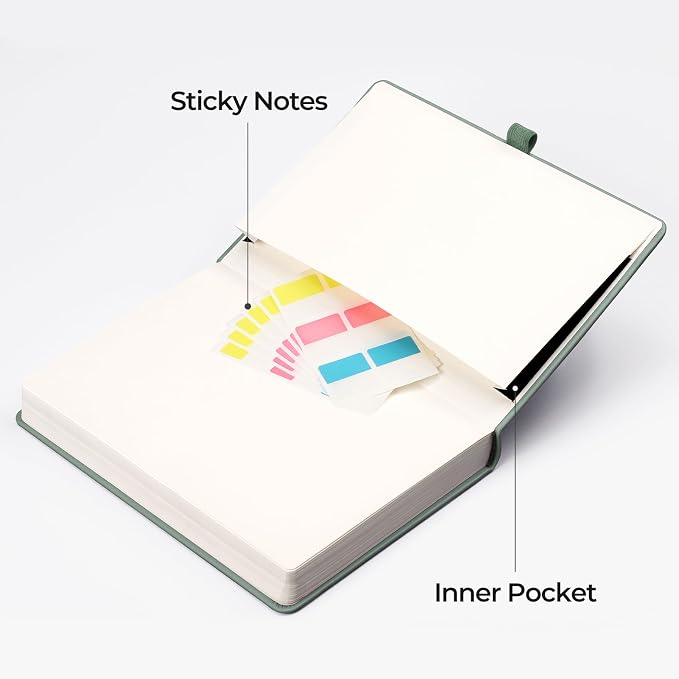 EMSHOI Lined Journal Notebook, 320 Numbered Pages, A5 Size (5.7'' x 8.3'') | Leather Hardcover, 100 GSM Thick Paper, for Women & Men, Journaling, Writing, Work & Office, Sun Debossed (Green)
