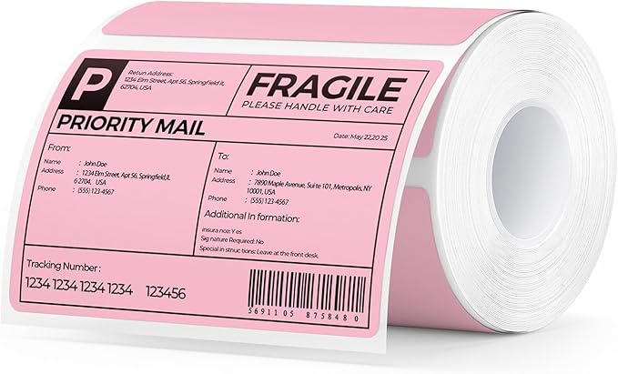 MUNBYN 4x3 Thermal Labels, 500 Sheets/1 Roll, Pink | Strong Adhesive & Perforated, Non BPA&BPS for Small Business, Shipping, Bakery, Clothing