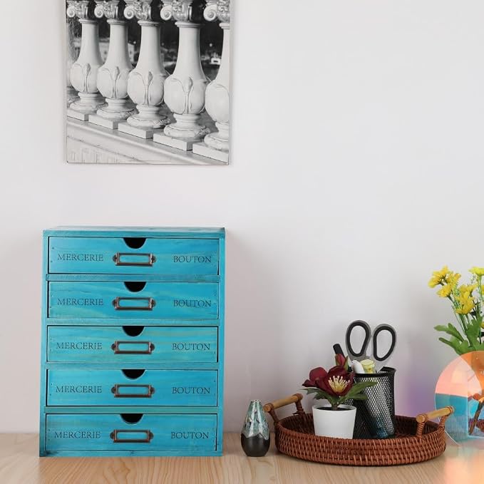 Wooden Storage Box with 5 Drawers Apothecary Drawers Vintage Wooden Drawers Wood Desktop Organizer with Drawer Library Card Catalog Cabinet Apothecary Cabinet （BLUE）