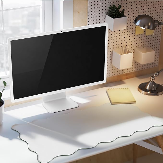 Hahafelt Scalloped Desk Mat Large Desk Pad Cute Coquette Table Mat Back to School Preppy Table Make up Pad Nonslip Graduation Gift with Stitching Waterproof Gaming(White,31.5 x 15.8 Inches)