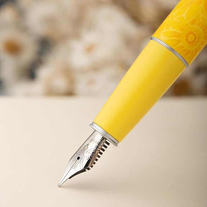HONG DIAN C3 Fountain Pen, Iridium Extra Fine Soft Nib Chinese Knot Carving, Bright Yellow & Sunflower Painting Design with Metal Box Set