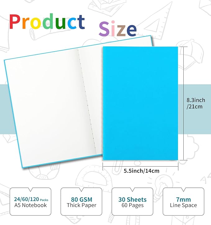 60 Pack Colorful Blank Notebooks for writing, Journals Bulk, A5 Composition Books, 8.3x5.5 Inch, 60 Pages, 30 Sheets Sketchbooks for Office School Travel Supplies (Blank-60 pack, 12 Colors)