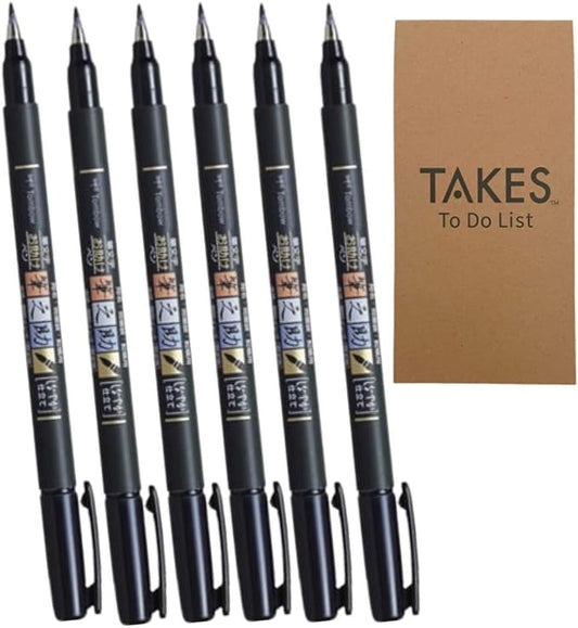 Fudenosuke Brush Pen Black x6-pen pack, with Takes To Do List Notepad - Calligraphy Pens for Writing and Art Drawings (6x Soft Tip)