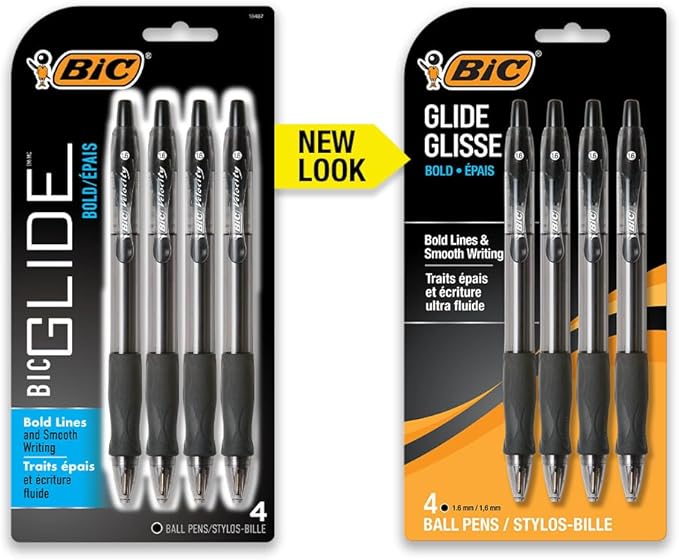 BIC Glide Bold Black Ballpoint Pens,Bold Point (1.6mm),Retractable Ballpoint Pens With Comfortable Full Grip,4 Count (Pack of 2)