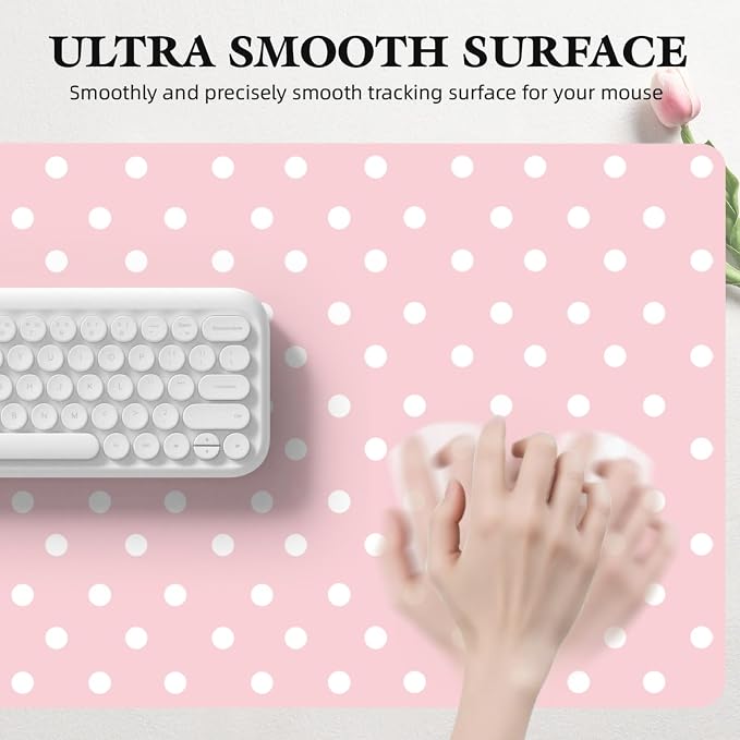 White Polka Dot Leather Desk Mat Extended Gaming Mouse Pad | Non-slip Large Writing Pad Laptop Blotter Computer Keyboard Mat | Cute Pink Desk Protector for Home Office 23.6" x 11.8"