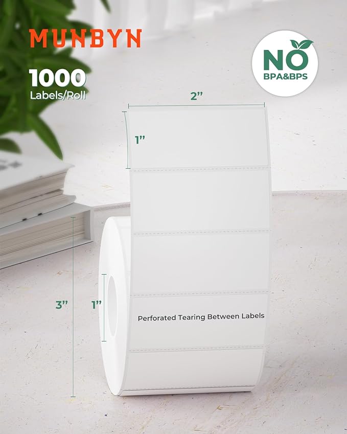 MUNBYN 2x1 Thermal Labels, 6000 Sheets/6 Roll, White | Strong Adhesive & Perforated, Non BPA&BPS for Barcode, Inventory, Organization
