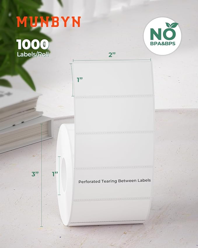 MUNBYN 2x1 Thermal Labels, Case of 12 Rolls/12000 Sheets,White | Strong Adhesive & Perforated, Non BPA&BPS for Barcode, Inventory, Organization