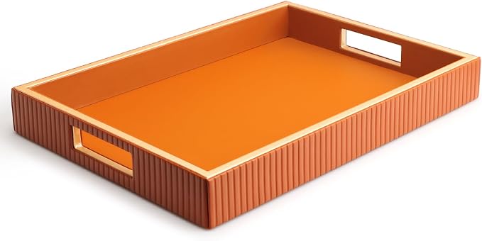 SANZIE Leather Tray Desktop Storage Organizer Premium Serving Trays Decorative Tray Valet Tray for Sundries Cosmetics Phone Wallet Cutlery (Orange Holder)
