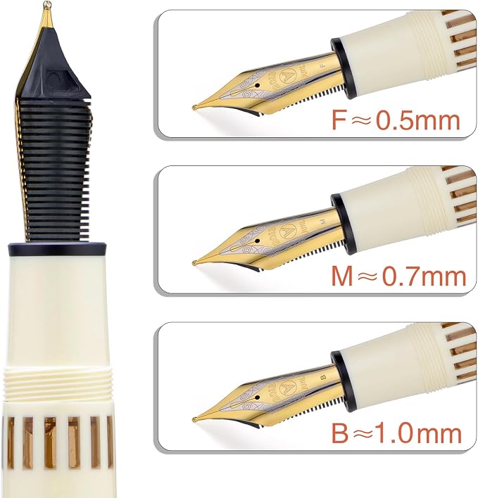 Wikult Yongsheng Junlai 930 Acrylic Fountain Pen, Size 9 Fine Nib with Piston Filling System, Ivory White Fence Ink Tank with Flat Top Design Smooth Writing Pen (Gold Trim)