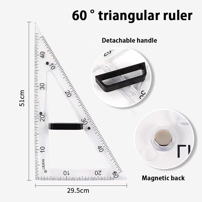 Magnetic Geometry Tool Set Clear Drafting Tools Mathematics Protractor, Triangular Scale Ruler Math Classroom Teaching Measurement Set Oversized Ruler (Transparent 2-Piece Set)
