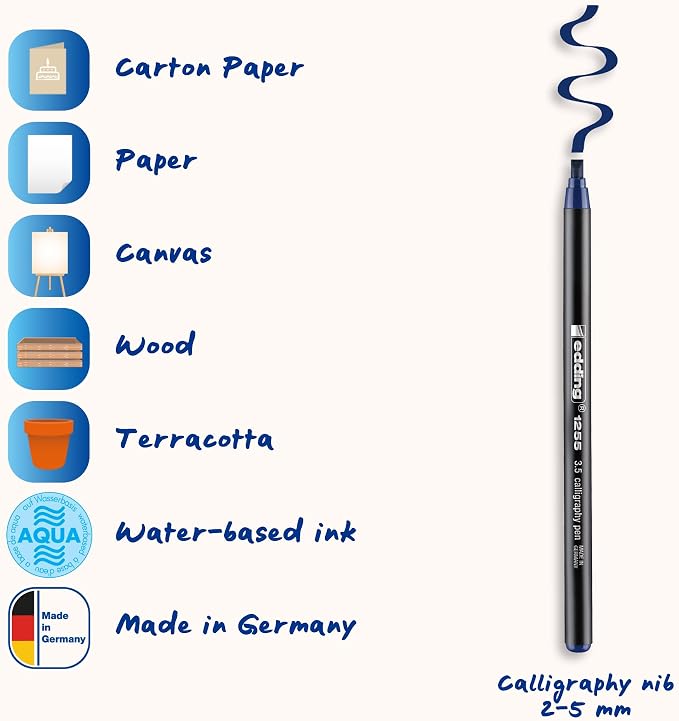 edding 1255 calligraphy pen - steelblue - 3 pens - calligraphy nib 2-5 mm - fibre pens for paper, wood, terracotta, canvas - hand lettering, bullet journals, thank you cards, calligraphy books