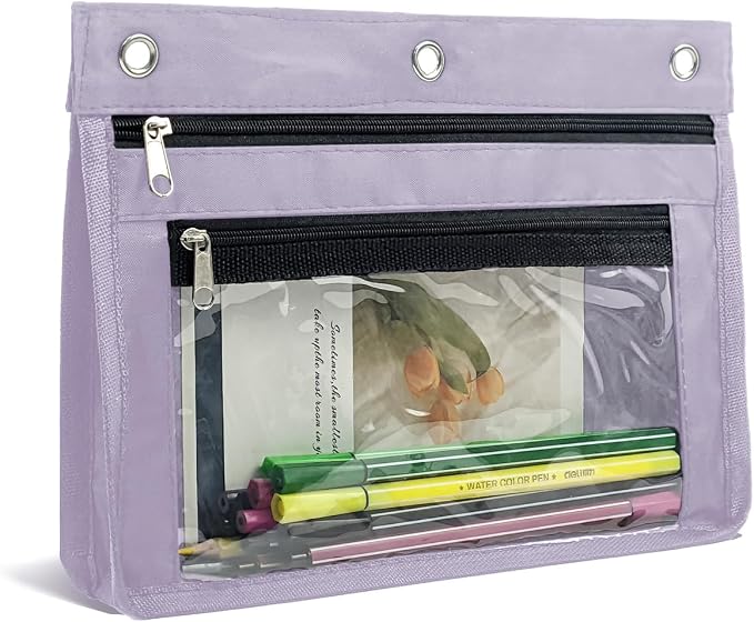 YoeeJob 1 Pack Pencil Pouch for 3 Ring Binder, Expandable Binder Pouches with Zipper, Large Capacity Pen Holder Case with Clear Window School Class Office Organizers, Lavender