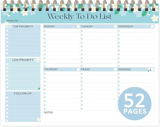 Weekly To Do List Notepad, 52 Sheets Undated Weekly Planner, 8.5"x11" Letter Size Horizontal Desk Pad with 100GSM Thick Paper, Twin-Wire Spiral Bound Tear Off Lined Organizer for Office Work, School & Home