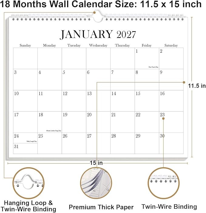 Calendar 2026-2027 - Wall Calendar from July 2026 to December 2027, 2026-27 Wall Hanging Calendar Planner with Thick Paper, 12" x 14.5", Black