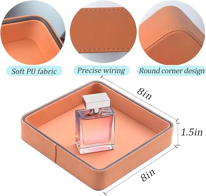 Luxury Faux Leather Square Vanity Tray 8''x8''x1.5'', Elegant Decorative Jewelry & Makeup Organizer for Dresser Vanity Bathroom Counter, Premium Storage Tray for Perfume Skincare Cosmetics
