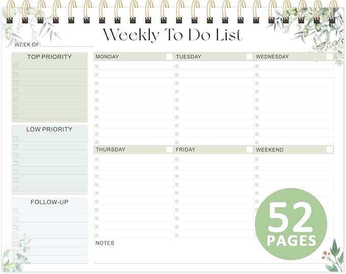 Weekly To Do List Notepad, 52 Undated Sheets (8.5"×11"), Undated Weekly Planner for Women & Men, Desk Accessories and Supplies for Office, Home, and School