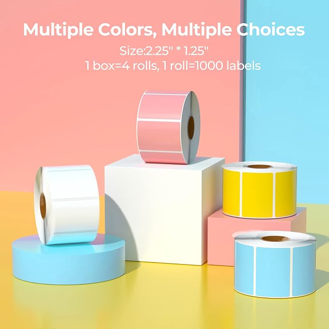 MUNBYN 2.25x1.25 Thermal Labels, 4000 Sheets/4 Roll,4 Color | White, Blue, Pink, Yellow, Strong Adhesive, Non BPA&BPS for Small Business, Shipping,Mailing, Bakery, Price Tag