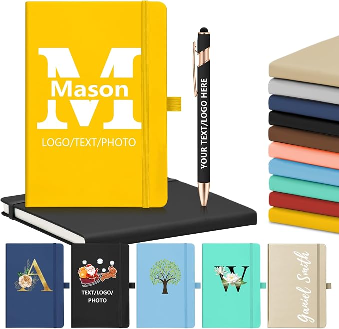 ENOMY Personalized Notebook & 10 PC Pens Gift Set Custom Notebook Journal A5 200 Pages A5 Lined Journal for Men Women Hardcover Notebooks for Work College Graduation Gifts, Yellow
