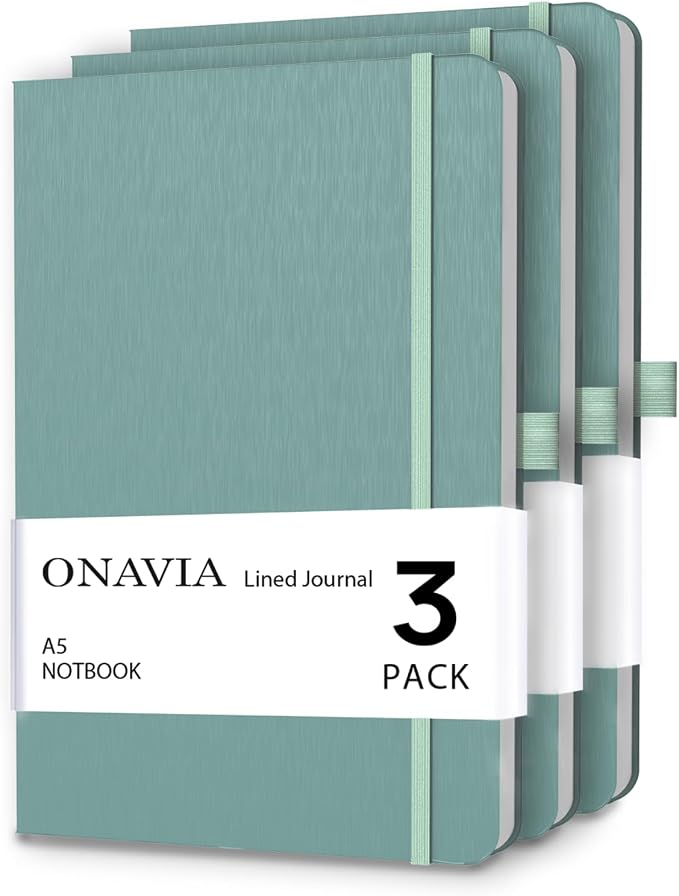 ONAVIA A5 Notebooks for Work, Lined Journal, 3 Pack, 160 Pages, Green | 80 Sheets, 5.8 x 8.3 in, Lay Flat, College Ruled, A5 Hardcover Journal, Lined Notebook for Work, School, Note Taking
