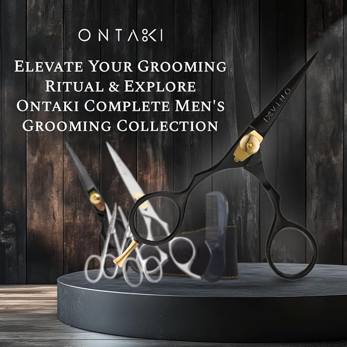 Ontaki Beard & Mustache Scissors for Men - 5.5" Japanese Steel, Black | Precision Sharp Blades, Ergonomic Finger Rest & Adjustable Tension Screw for Perfect Trimming - Beard Grooming Scissors