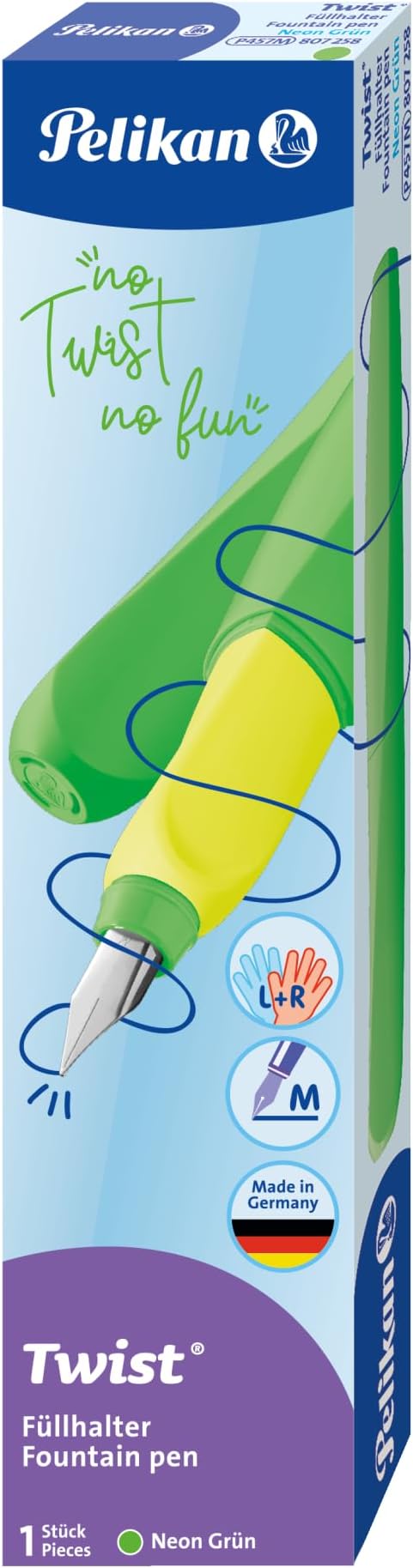 Pelikan Twist Fountain Pen with 1 Ink Cartridge, Medium Nib, Neon Green, Boxed (807258)