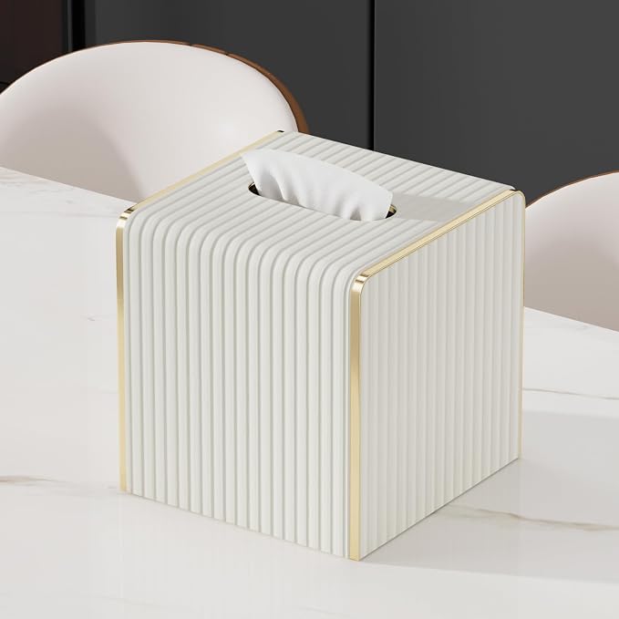 Tissue Box Cover,White Square Leather Tissue Box Holders with Gold-Tone Edging Decoration, Tissue Vessel for Bathroom Toilet Bedroom Living Room Table Desk Office,Modern Home Decor