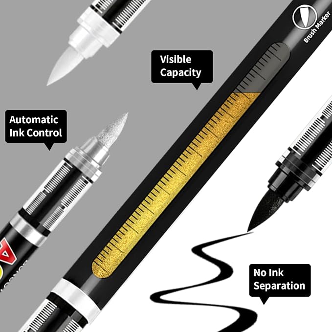 Surcotto 12 Black & Gold & Silver & White Acrylic Paint Pens | 1-6 mm Brush Tip，Direct-liquid，Quick Dry