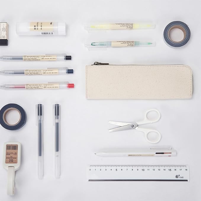 Canvas Pencil Case Slim Pencil Pouch Durable Zipper Stationery Bag Small Travel Use （Beige/Canvas）