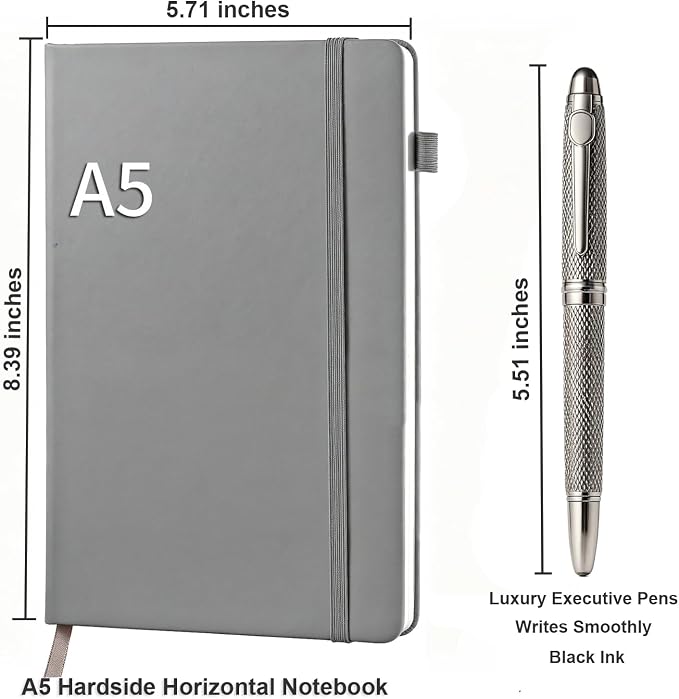 A5 Lined Journal Notebook Gift Set - Hardcover Diary with Executive Rollerball Pen & Elastic Pen Loop, 192 Pages 80gsm Thick Ruled Paper for Women & Men, Business, Travel & School Writing