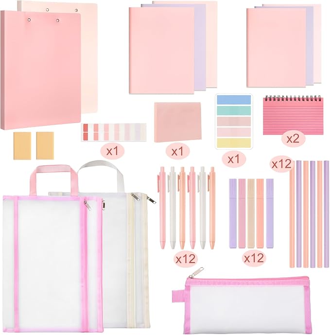 Colarr 54 Pcs Aesthetic College School Supplies Back to School Set,Pink | 3 A5 + 3 B5 Lined Notebook, 12 Gel Pen, 12 Pencil, 12 Highlighter, Sticky Tabs, Folder Storage Bag, Journal Stationery Set