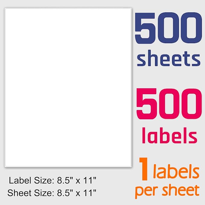 Printable White Sticker Labels, 500 Sheets 8.5" x 11" Full Sheet Label Stickers Paper for Laser & Inkjet Printer - Matte, 500 Labels | Printable White Sticker Labels - Matte, 500 Sheets 500 Labels