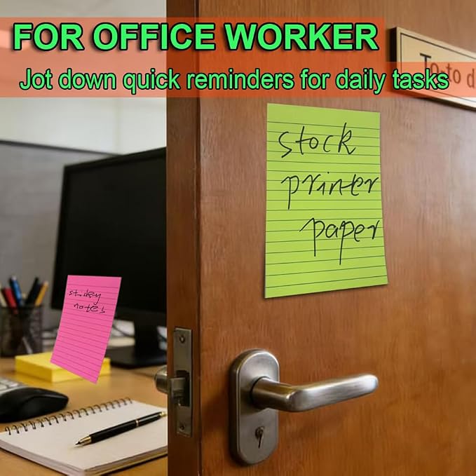 (6 Pack) Lined Sticky Notes 4x6 in,Large Notepads with Lines,Ruled Stickies Super Sticking Power,Office School Memo Note Pads Bright Colors,Post on Windows Doors,Recyclable,Easy to Write on