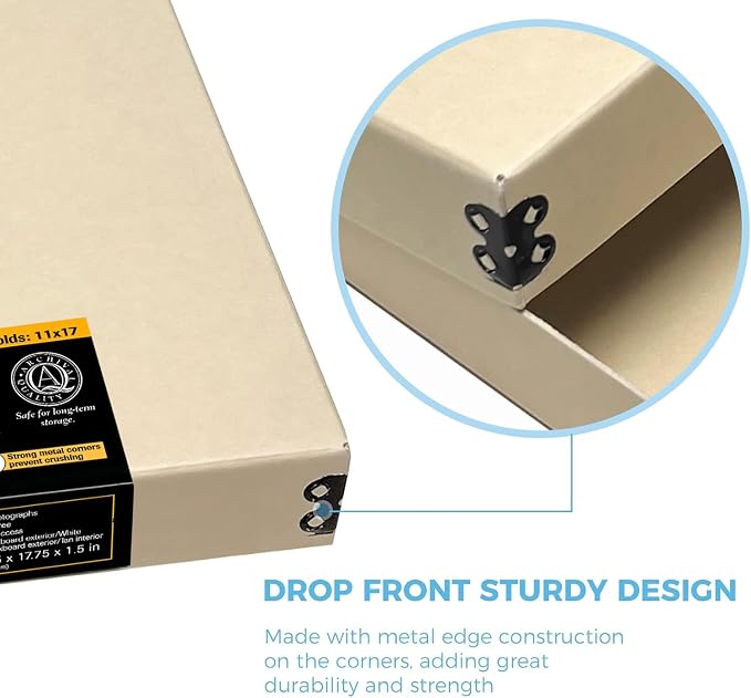 Lineco Museum Archival Storage Box, Drop Front, 11.75x17.75x1.5 in, Tan | Acid-Free with Metal Edge, Preserves Picture Longevity, Organize Photos, Newspapers, Prints, Documents, Crafts, DIY