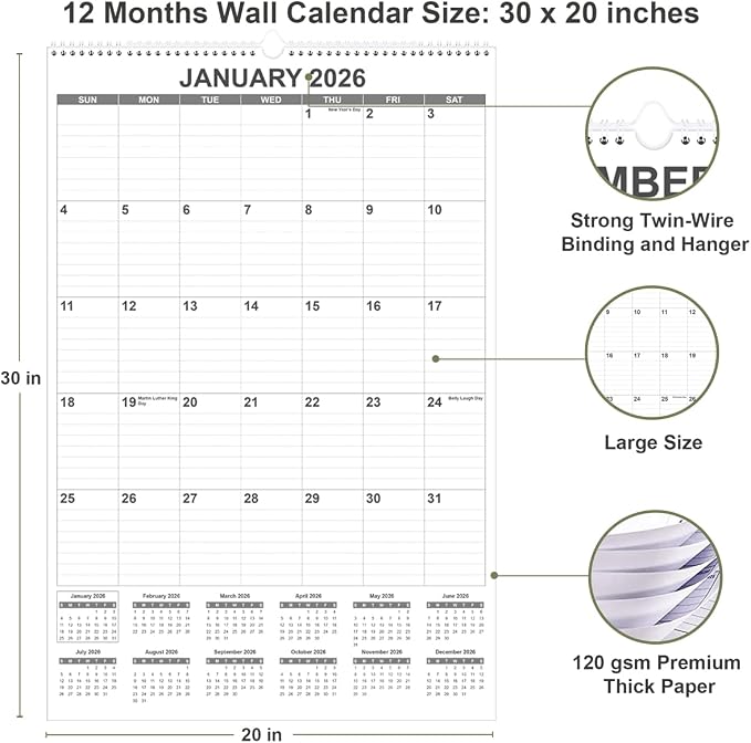 2026 Wall Calendar - Large Calendar 2026 from January 2026 - December 2026, 12 Months Calendar/Planner with Thick Paper, 20" x 30", Vertical, Black