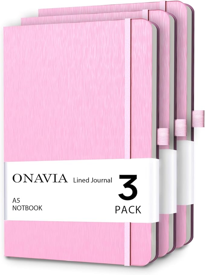 ONAVIA A5 Notebooks for Work, Lined Journal, 3 Pack, 160 Pages, Pink | 80 Sheets, 5.8 x 8.3 in, Lay Flat, College Ruled, A5 Hardcover Journal, Lined Notebook for Work, School, Note Taking