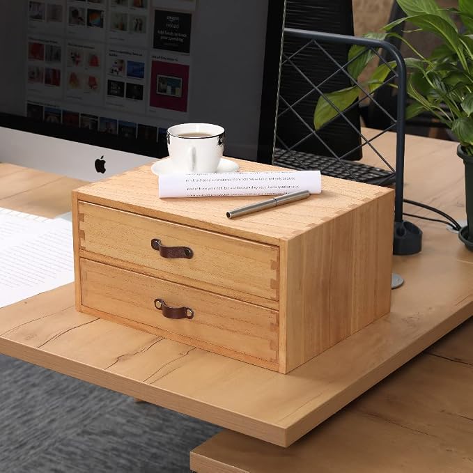 DDYURI Wooden Desk Organizer with 2 Drawers - Desktop Storage Drawers for Office Supplies File Paper Storage - Wood Chest/Small Cabinets for Jewelry Dresser Kitchen Counter (FAX2C-LT）
