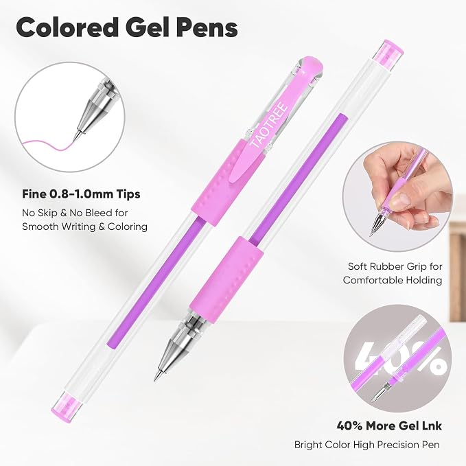 Taotree Glitter Gel Pens, 36 Colors Neon Glitter Pens, Colored Gel Markers | 40% More Ink Fine Point Art Markers Set for Adult Coloring Books, Drawing Art Supplies, School Journaling, Scrapbook Supplies