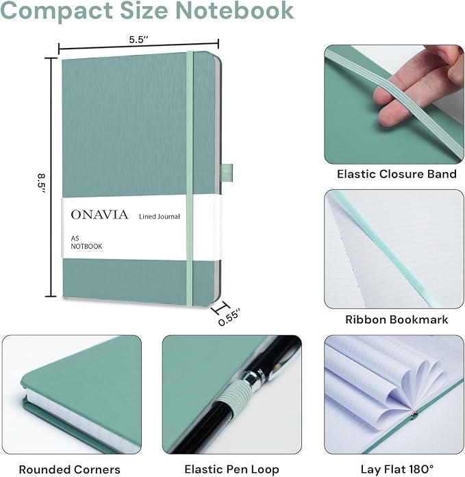 ONAVIA A5 Notebooks for Work, Lined Journal, 3 Pack, 160 Pages, Green | 80 Sheets, 5.8 x 8.3 in, Lay Flat, College Ruled, A5 Hardcover Journal, Lined Notebook for Work, School, Note Taking